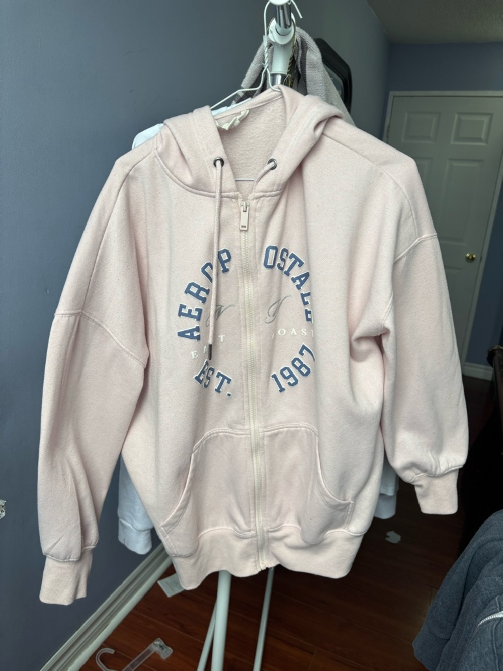 Aeropostale Light Pink Hooded Zip Sweatshirt with Blue Logo